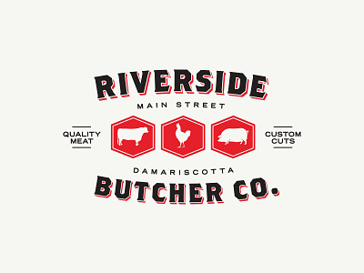 Riverside Butcher Co. brand branding brothers butcher chicken cow graphic design logo main street meat pig retro signage small business typography