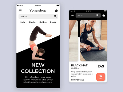 Yoga shop iOS app add to cart app application design commercial design fashion app ios product page search shop shopping app ui yoga yoga app