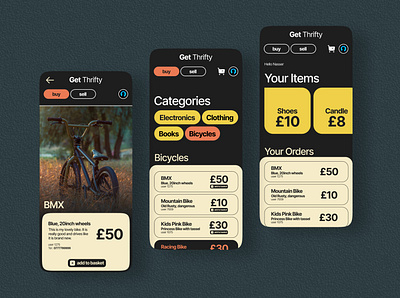Get Thrifty app branding dark design e commerce front end graphic design illustration mobile shop theme typography ui ux