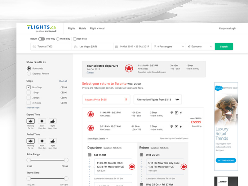 Flights.ca Desktop Search Redesign search results flights ca google flights desktop design adobe adobe xd clean adobexd web website design ui design ux design user interface user experience ui ux flight search flight booking flights