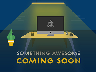 Coming Soon Hackathon coffee coming soon desk flyer hackathon imac imac pro navy blue night plant pot table yellow