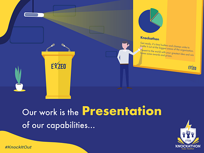 Hackathon Presentation Day 02 02 blue flyer hackathon knockathon night pie chart pie graph podium presentation projector yellow