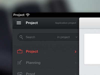 Project management application dark blue gray ipad navigation search select ui