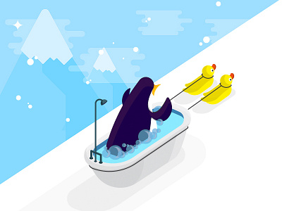 Penguin in a Bath bath bubbles duck flat illustration mountains orange penguin rubber skiing snow