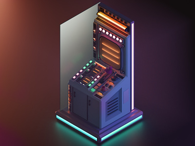 Space terminal lowpoly low blur red neon 3d art lights panel space 2.8 blender 3d isometric illustration