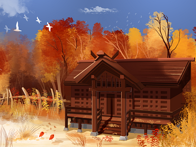 autumn scenery afternoon autumn autumn leaves illustration sun wood house