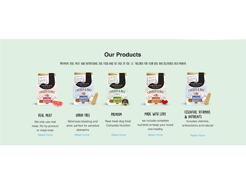 Products dog's food print logo web flat landing page ui app banner ads illustration design branding hire me elegant poster dog food products simple photoshop typography website