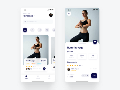 Yoga Fitness app card design e commerce physical education ui work out