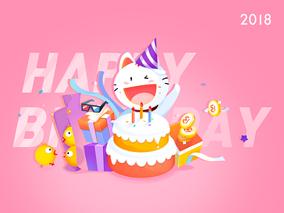 Birthday card 2018 birthday cake cat gift illustrations pink