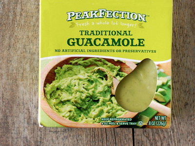 PeakFection Guacamole avacado carton food green label package design packaging window