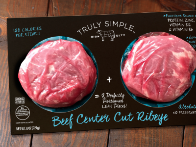 Truly Simple™ Steaks black butcher cardboard chalkboard cow custom label logo meat package design packaging wrap