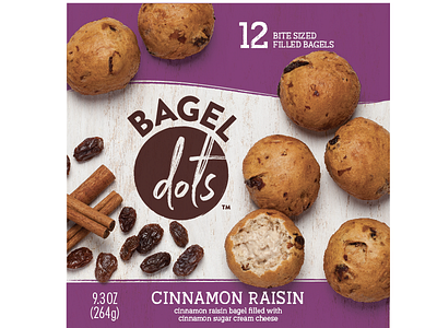 Bagel Dots bagels breakfast cinnamon film food frozen label package design packaging purple raisin zipper