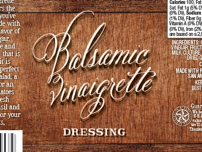 Balsamic Vinaigrette Packaging bottle label lettering package design script wood