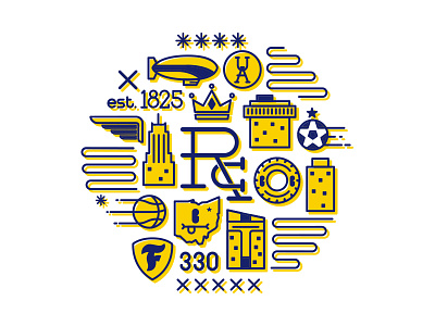 Rubber City Illustration 330 akron basketball blimp blue city gold illustration line art ohio soccer yellow