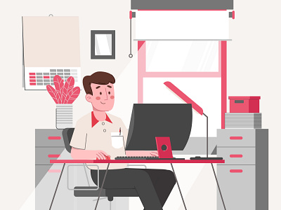 A man working at office room animation design desk table illustration minimal office vector vector illustration work