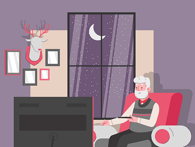 Grand Father watching movie in the night animation design desk table illustration minimal moon night old man stars television vector vector illustration window