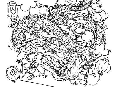 Kids playing dragon dance for Chinese new year celebration coloring book hand drawn illustration lineart vector illustration