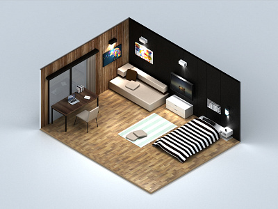 Isometric Bedroom 3d 3ds max bed bedroom isometric light render stripes vray wood