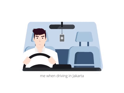 Driving in Jakarta auto automobile blue cab car character concept drive driver illustration jakarta panic road traffic transport transportation travel vehicle work young