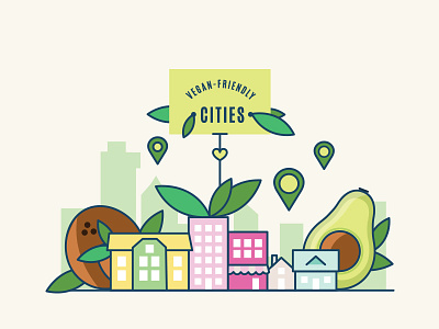 Vegan-friendly cities for The Vegan Carrot carrot characters cities icons kids plant-based vector vegan