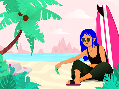 Lazy Afternoon blue clouds coconut girl illustration palms pink rocks sea summer surfboard surfer