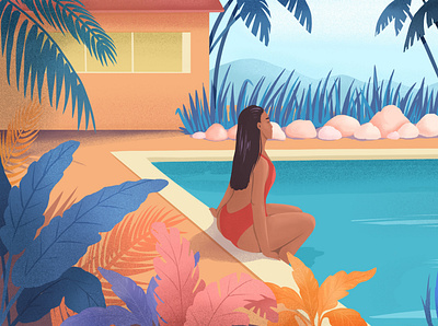 Girl at the pool art beach blue desin drawn garden girl graphic design happy illustration pool procreate summer tropcal tropical vacation villa water woman