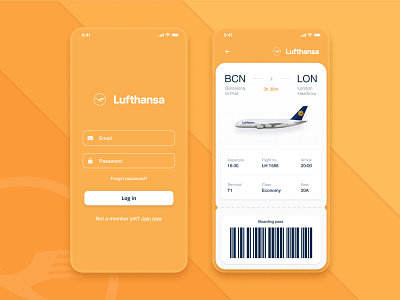 Lufthansa App UI Design app design app ui booking app flight app flight booking orange ui plane ticket ui