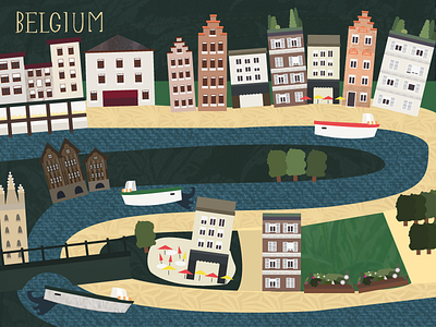 A Patchwork City art belgium boat bruges building collage design graphic holiday illustration river vector
