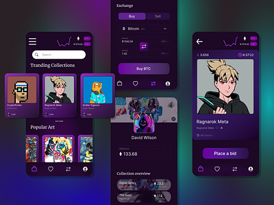 NFT Marketplace / concept crypto dark theme finance marketplace mobile design neon nft profile purple ui ux