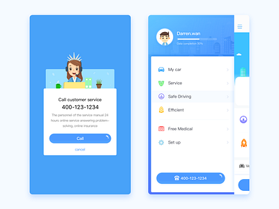 Liberty Intelligent car insurance app ui artificial customer service auto insurance blue car illustration insurance menu popup window ui design user interface