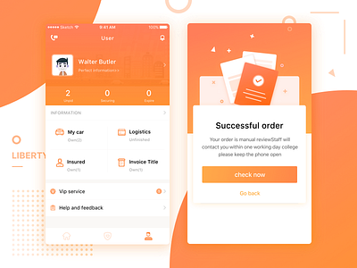 Liberty Intelligent car insurance app ui auto insurance illustration orange popup window design ui design user center user interface