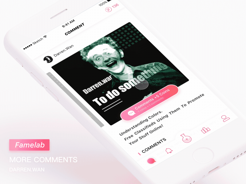 Famelab|More comments app ui coins for instagram pink ui animation ui design user interface