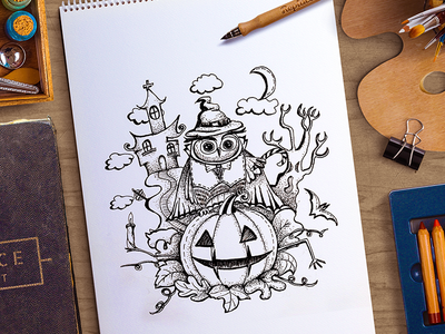 Mr. Owl castle darren hiwow illustrations nature owl pencil pumpkin sketch texture ui design ux