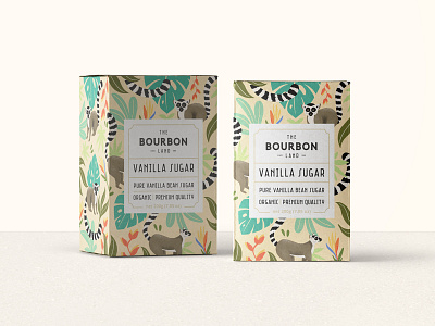 The Bourbon Land - Vanilla Sugar - Packaging animal branding caffee coffee farm graphic design illustration illustrator label and box design leaves lemur logo organic food packaging pattern procreate sugar tropical vector vintage