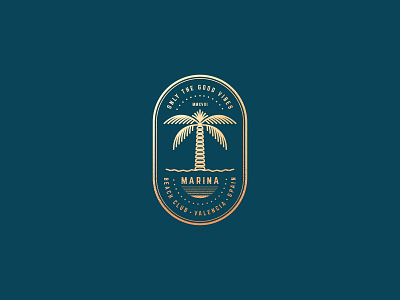 Marina Beach Club badge beach bar beach club branding caffe graphic design identity illustration line art logo mark minimalistic palm leaf palm tree restaurant sea seafood summer vibes tropical vintage
