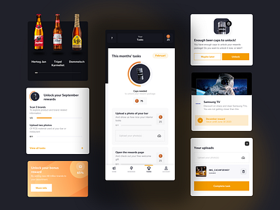 ABInBev Beer app - Gamification app app design beer cards complete design detail gamification loyalty mobile popup progress progressbar receive redeem rewards tasks ui unlock ux