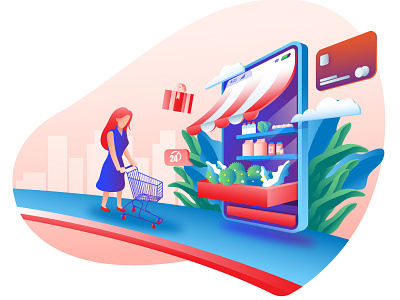 Online shop concept Illustration cart city grocery online service shop shopping smartphone store woman