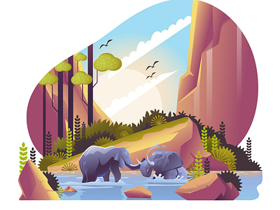 Elephants chilling with Nature animal background colorful elephant forest fountain gradient hill landscape nature trees