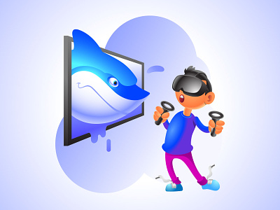 3D VR Funny Cartoon Illustration 3d branding business cartoon character funny gaming gradient illustration shark virtual reality vr