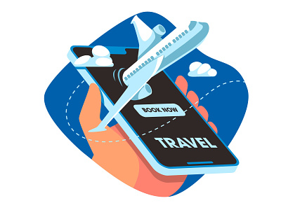 Travel booking online airoplane book now concept flat illustration illustration online booking smartphone travel travel app