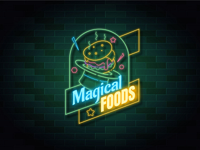neon logo Magical Foods branding burger food icon illustration logo magical neon neon colors restaurant typography