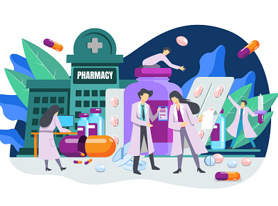 PHARMACY BUSINESS FLAT ILLUSTRATION business business planning consulting consumer contract flat illustration interaction design landing page medical online pharmacy rx ui