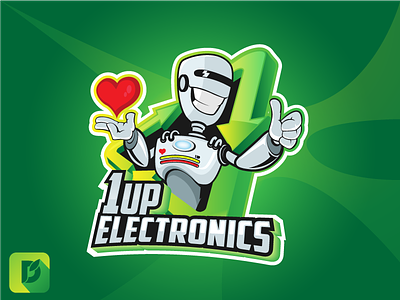 1up Electronics 1up cartoon gaming gradient heart illustration life logo mascot recycle repair robotic