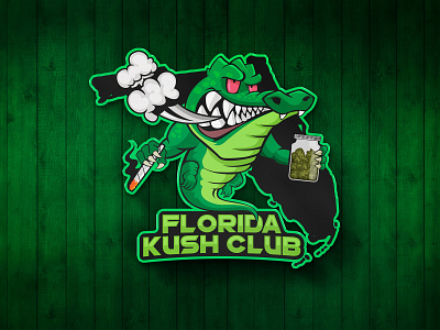 Florida Kush Club aligator animal cartoon character concept crocodile gator green marijuana mascot logo smoke vector