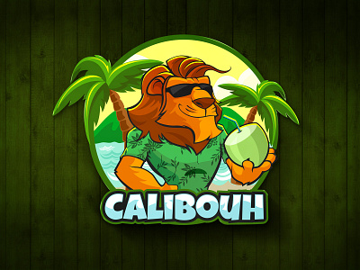 Calibouh beach blue cartoon logo chill coconut tree drinking lion logo mascot logo ocean sea summer sunset vacation