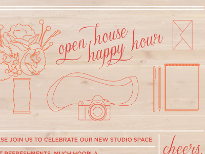 Open House Happy Hour design illustration invitation invite studio wood