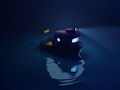 Night boat 3dmodeling design flat illustration night sea ship