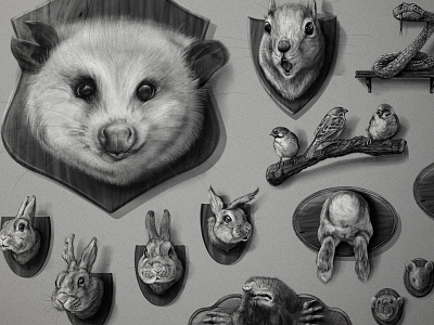 Wrigley's Trophy Wall adobedraw adobefresco animal illustration birds bunny mice mole mount mouse opossum rabbit snake squid trophy