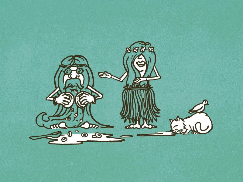Pisctach-a-Colada Packaging Illustration hula cereal dove cat hippie peace