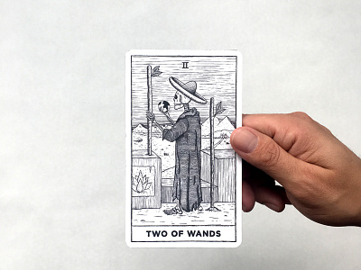 Two of Wands card carving illustration mexican print procreate tarot woodcut